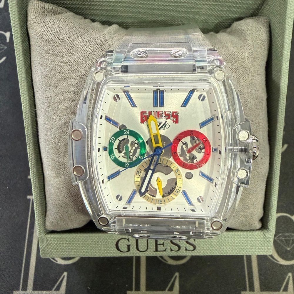 NIB Guess Phoenix J Balvin White Dial Transparent Silicone Strap Watch